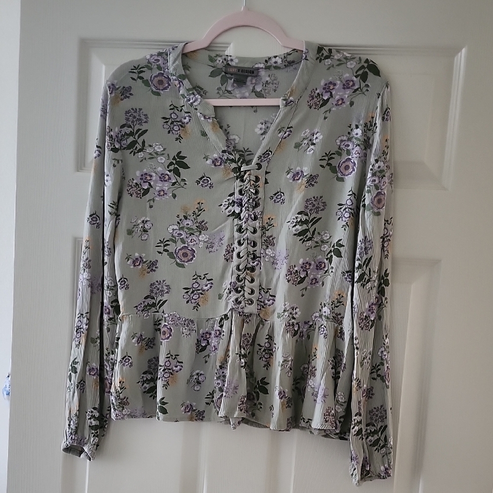 Love By Design Sage Green Floral Lace-Up Peplum Blouse